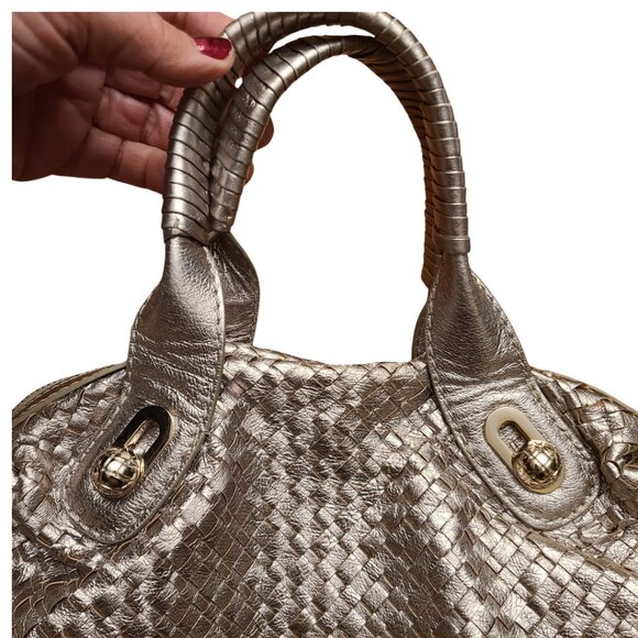 Elliott Lucca Gold Metallic Woven Leather Handbag - Picture 5 of 8